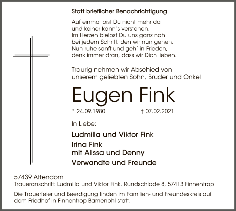  Traueranzeige für Eugen Fink vom 13.02.2021 aus WA