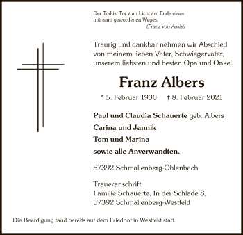 Traueranzeige von Franz Albers von WA