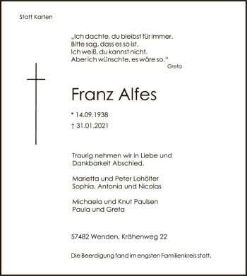 Traueranzeige von Franz Alfes von WA