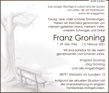 Traueranzeige von Franz Groning von WA