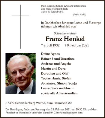 Traueranzeige von Franz Henkel von WA