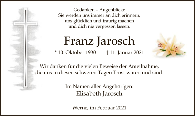  Traueranzeige für Franz Jarosch vom 13.02.2021 aus WA