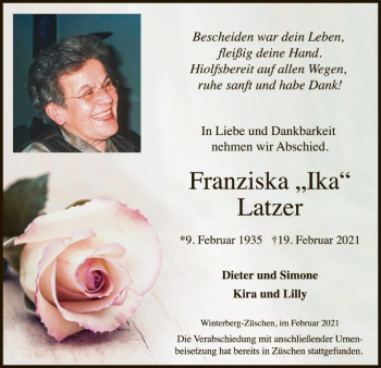 Traueranzeige von Franziska Latzer von WA