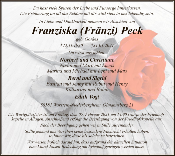 Traueranzeige von Franziska  Peck von WA