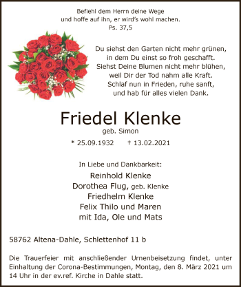 Traueranzeige von Friedel Klenke von WA