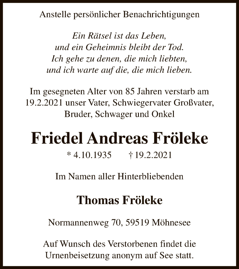  Traueranzeige für Friedel Andreas Fröleke vom 27.02.2021 aus WA