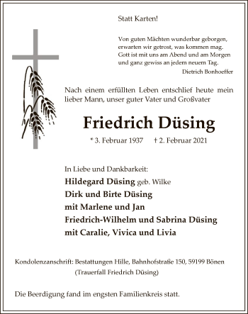 Traueranzeige von Friedrich Düsing von WA