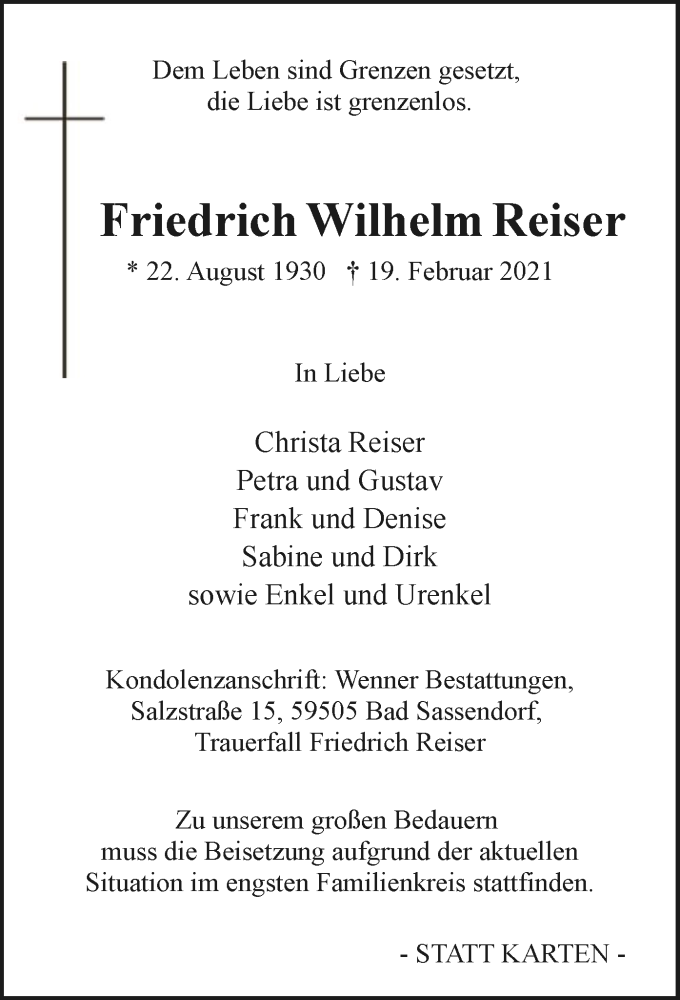 Traueranzeige für Friedrich Wilhelm Reiser vom 27.02.2021 aus WA