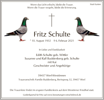 Traueranzeige von Fritz Schulte von WA