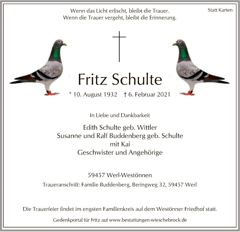  Traueranzeige für Fritz Schulte vom 09.02.2021 aus WA