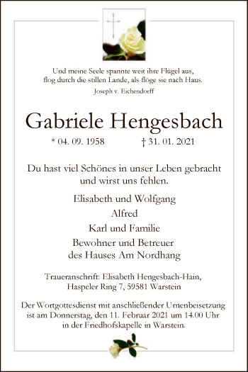 Traueranzeige von Gabriele Hengesbach von WA