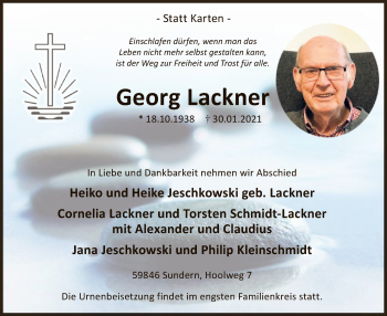Traueranzeige von Georg Lackner von WA