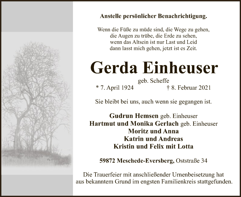  Traueranzeige für Gerda Einheuser vom 13.02.2021 aus WA
