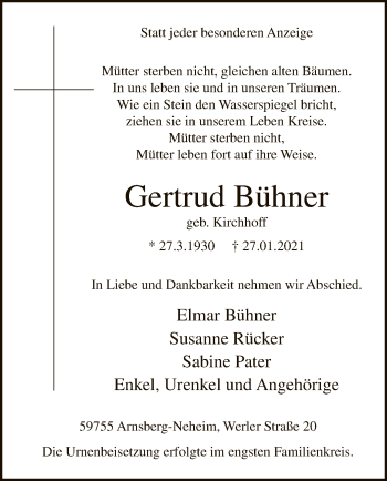 Traueranzeige von Gertrud Bühner von WA