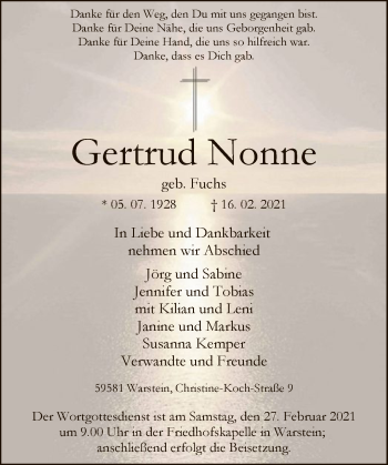 Traueranzeige von Gertrud Nonne von WA