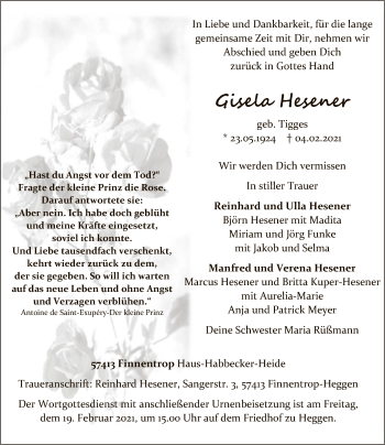 Traueranzeige von Gisela Hesener von WA