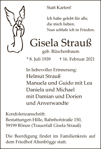 Traueranzeige von Gisela Strauß von WA