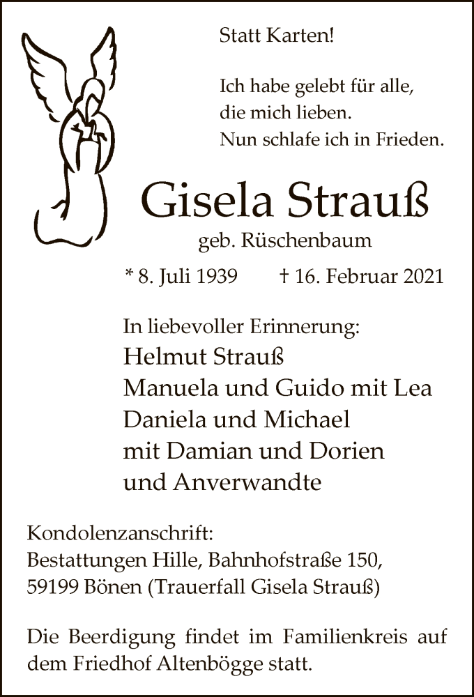  Traueranzeige für Gisela Strauß vom 18.02.2021 aus WA