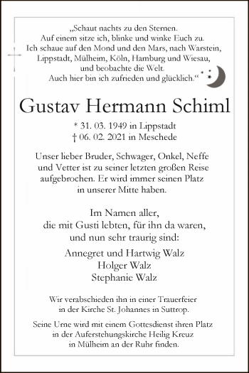 Traueranzeige von Gustav Hermann Schiml von WA