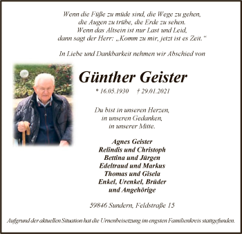 Traueranzeige von Günther Geister von WA