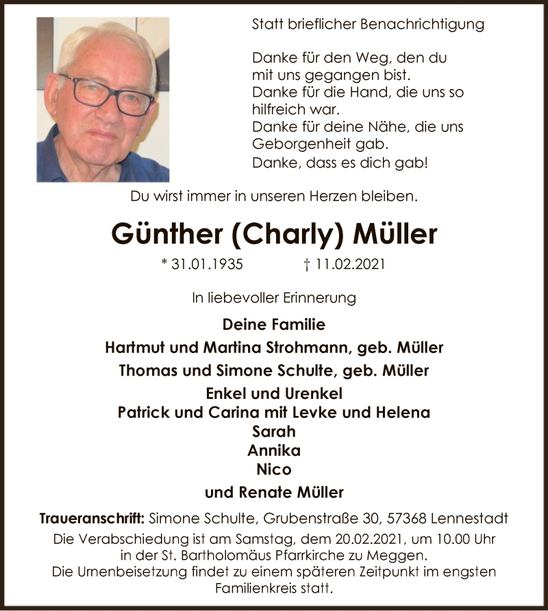  Traueranzeige für Günther Müller vom 13.02.2021 aus WA