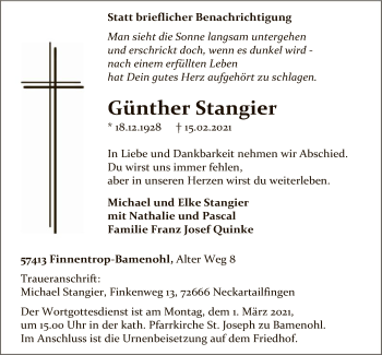 Traueranzeige von Günther Stangier von WA