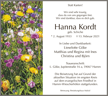 Traueranzeige von Hanna Kordt von WA