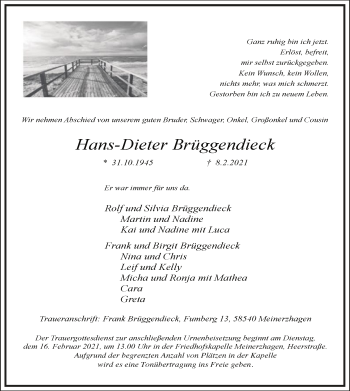 Traueranzeige von Hans-Dieter Brüggendieck von WA