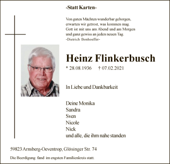 Traueranzeige von Heinz Flinkerbusch von WA