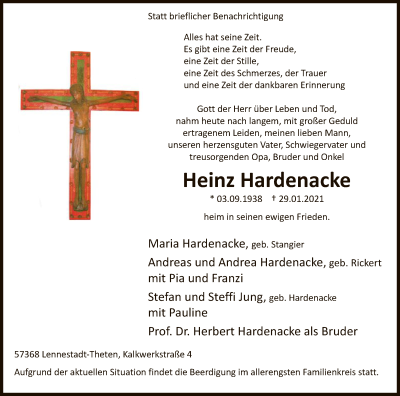  Traueranzeige für Heinz Hardenacke vom 06.02.2021 aus WA