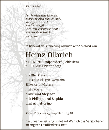 Traueranzeige von Heinz Olbrich von WA