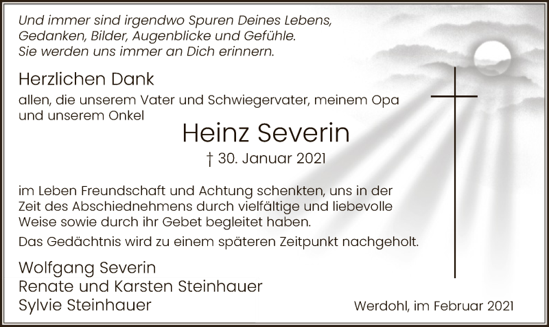  Traueranzeige für Heinz Severin vom 27.02.2021 aus WA