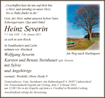 Traueranzeige von Heinz Severin von WA