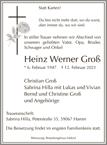 Traueranzeige von Heinz Werner Groß von WA