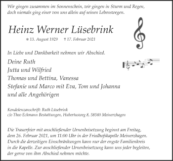 Traueranzeige von Heinz Werner Lüsebrink von WA
