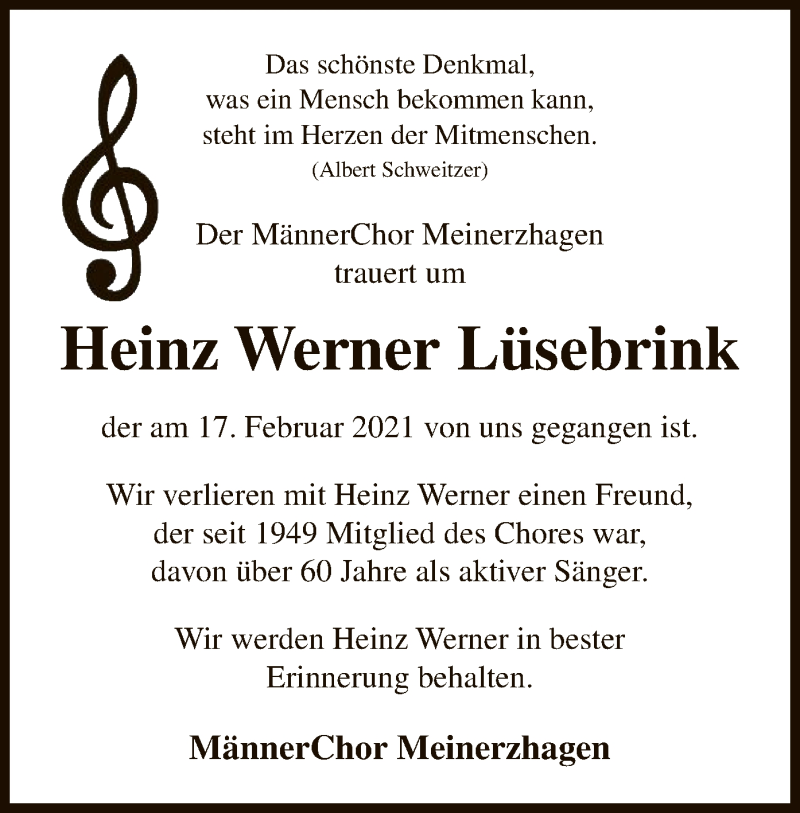  Traueranzeige für Heinz Werner Lüsebrink vom 26.02.2021 aus WA