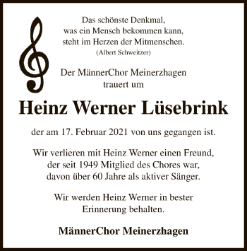 Traueranzeige von Heinz Werner Lüsebrink von WA
