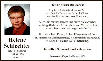 Traueranzeige von Helene Schlechter von WA