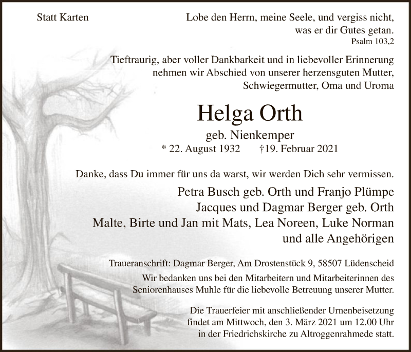  Traueranzeige für Helga Orth vom 27.02.2021 aus WA