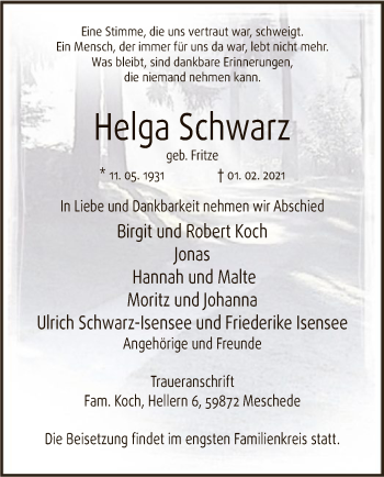 Traueranzeige von Helga Schwarz von WA