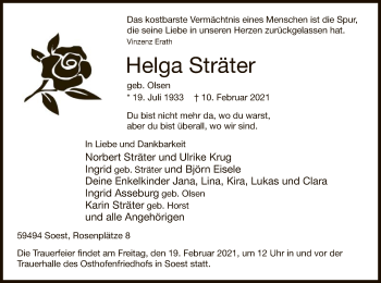 Traueranzeige von Helga Sträter von WA