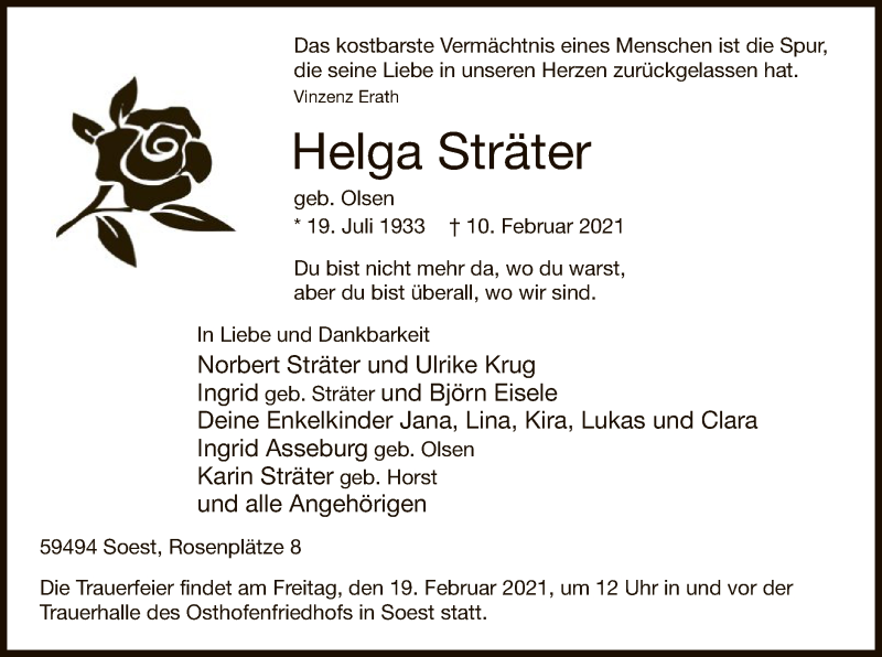  Traueranzeige für Helga Sträter vom 17.02.2021 aus WA