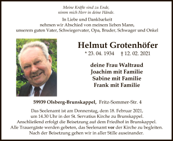 Traueranzeige von Helmut Grotenhöfer von WA