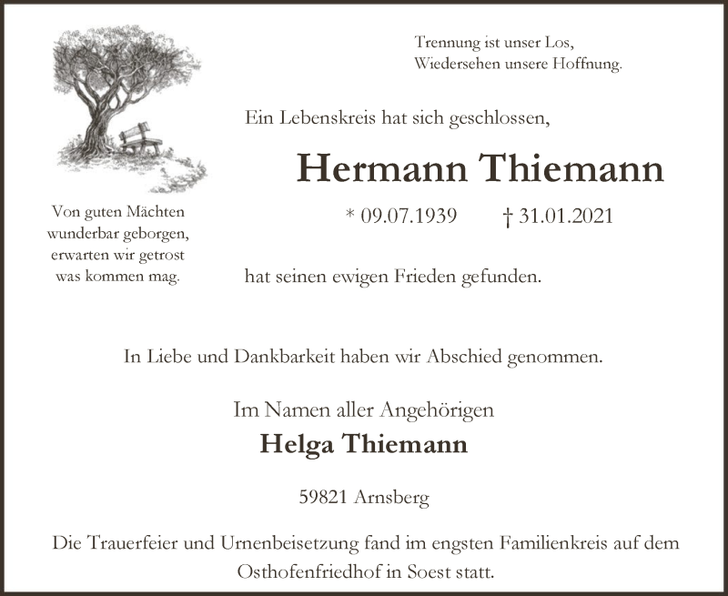  Traueranzeige für Hermann Thiemann vom 13.02.2021 aus WA