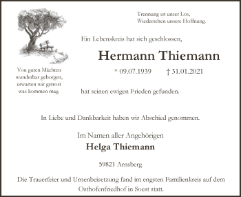 Traueranzeige von Hermann Thiemann von WA