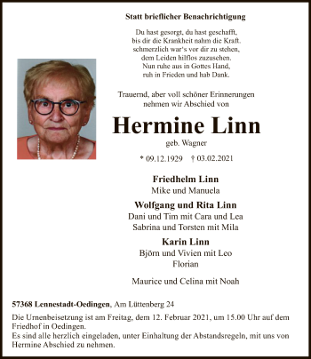 Traueranzeige von Hermine Linn von WA