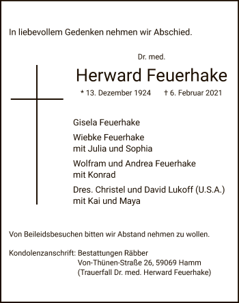 Traueranzeige von Herward Feuerhake von WA