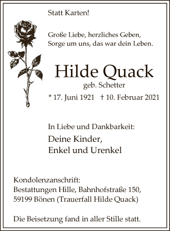 Traueranzeige von Hilde Quack von WA