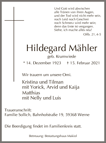 Traueranzeige von Hildegard Mähler von WA