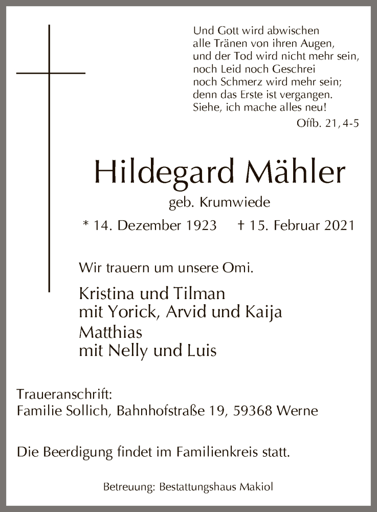  Traueranzeige für Hildegard Mähler vom 20.02.2021 aus WA